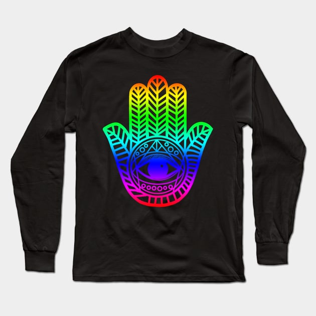 Hand of Hamsa Rainbow Colors Long Sleeve T-Shirt by livania